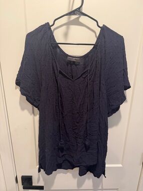 Lane Bryant Navy Textured V-Neck Tassel Tie Top